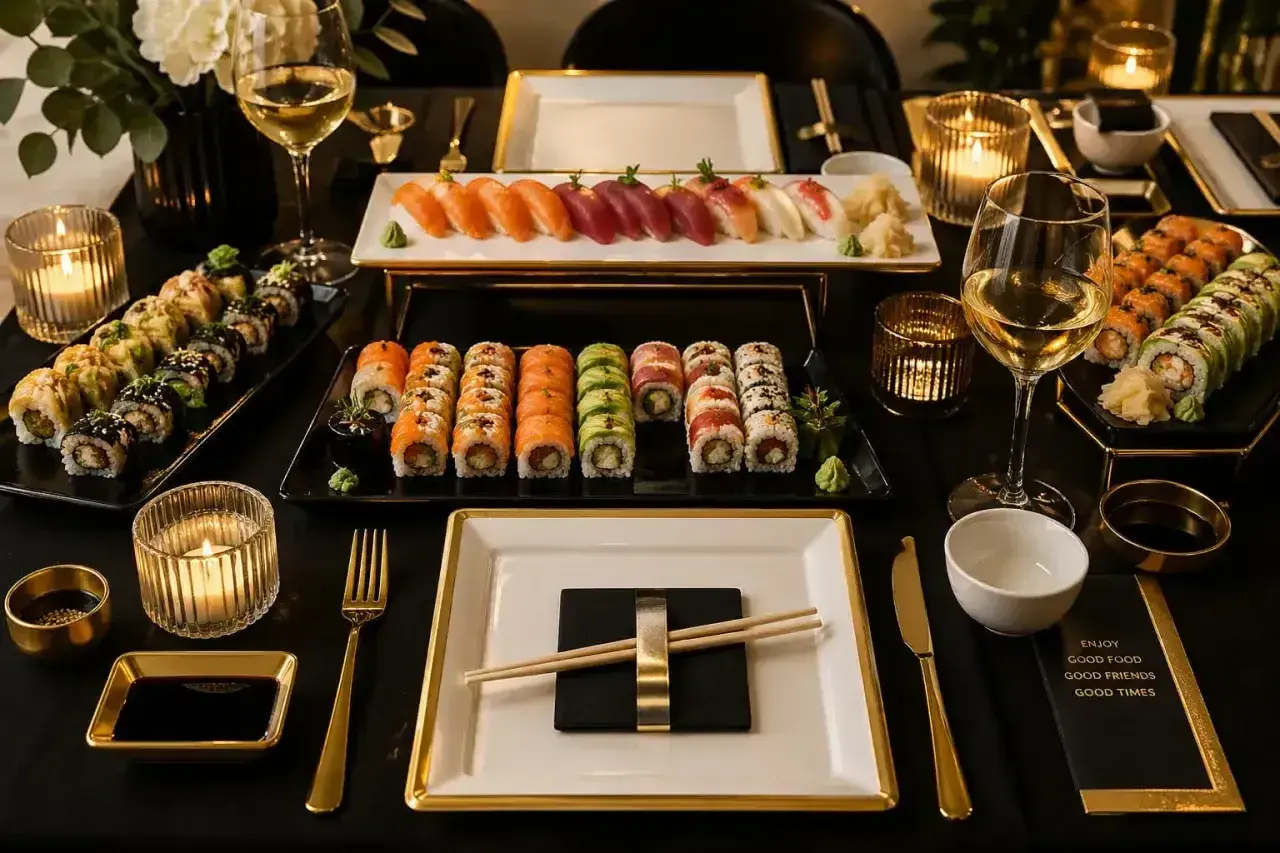 Elegancko nakryty stół z mnóstwem pysznego sushi, świecami i winem. Idealne miejsce, by cieszyć się dobrym jedzeniem, przyjaciółmi i chwilą.