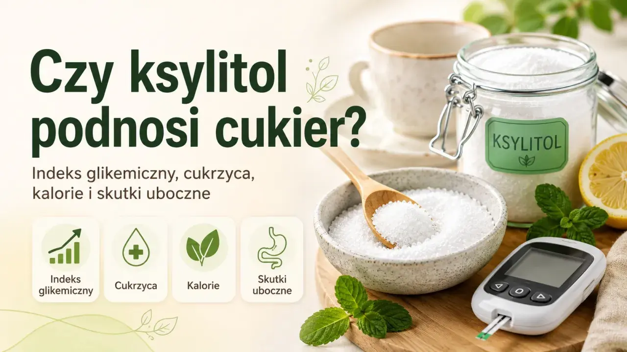 Słoik ksylitolu, miska z ksylitolem, cytryna, mięta i glukometr.