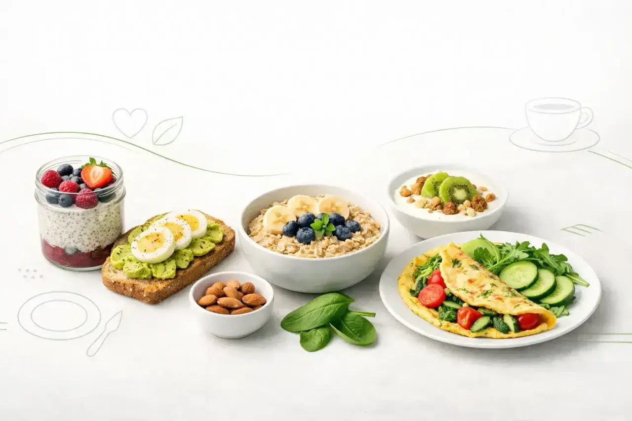 Zdrowe śniadania: owsianka, omlet, tosty z awokado, jogurt z owocami i nasiona chia.
