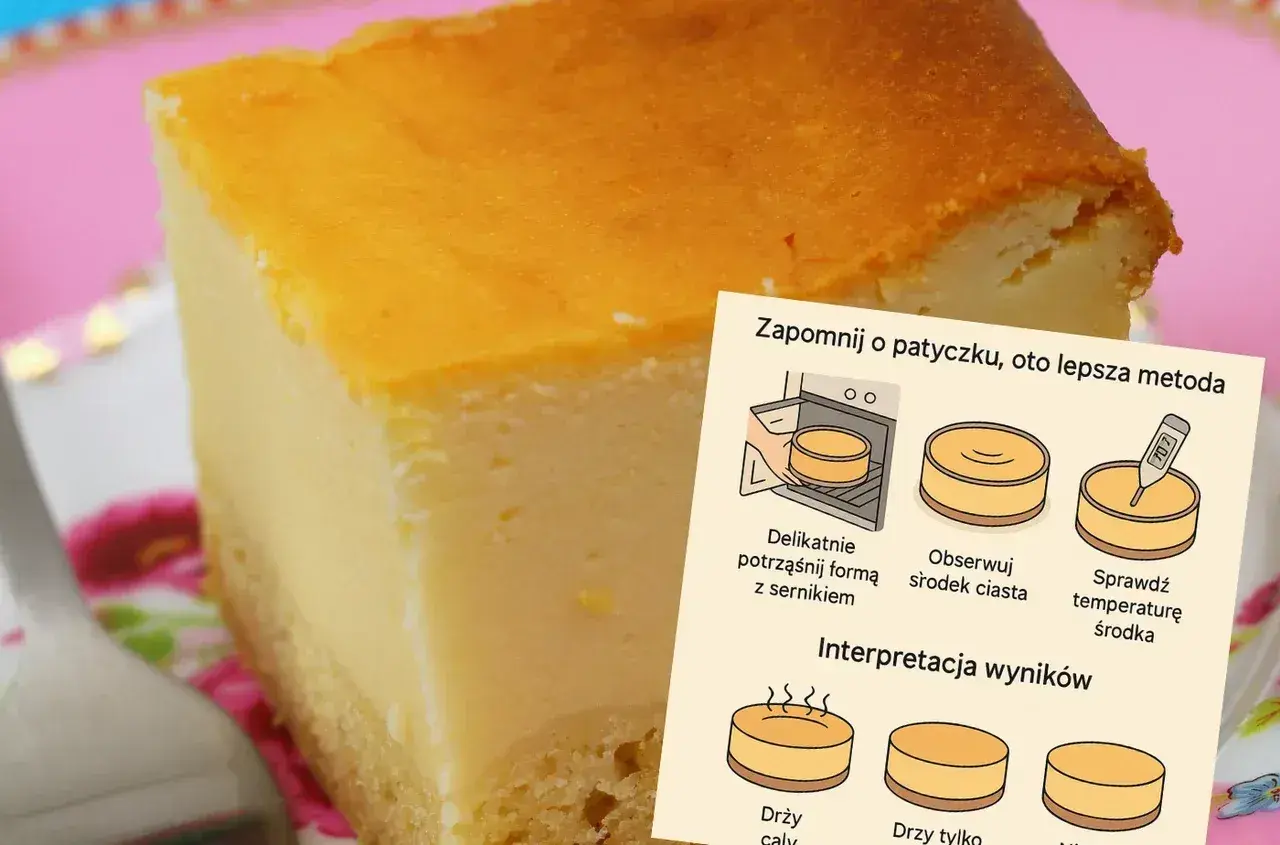 Pyszny sernik na talerzu, obok instrukcja jak sprawdzić jego gotowość. Idealny sernik kcal!