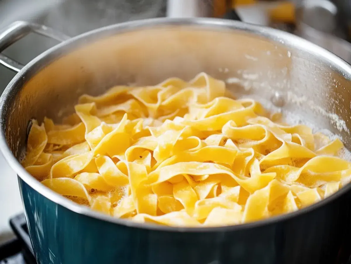 Szeroki makaron tagliatelle gotuje się w garnku z bulgoczącą wodą.