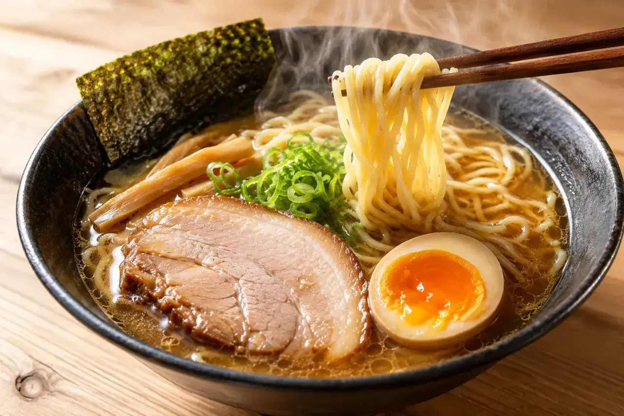Parujący talerz ramen: żółtko jajka, plastry wieprzowiny, bambus, nori i sprężyste nitki makaronu unoszone pałeczkami. Pyszne danie, które sprawia, że zastanawiasz się: ramen co to?