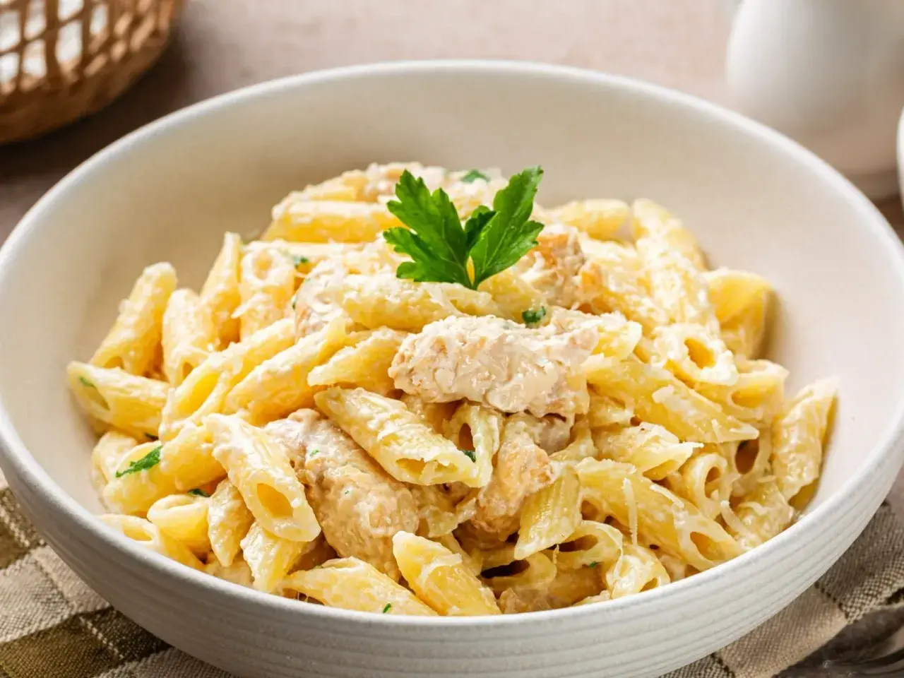 Kremowy makaron penne z kawałkami kurczaka, posypany parmezanem i udekorowany natką pietruszki.