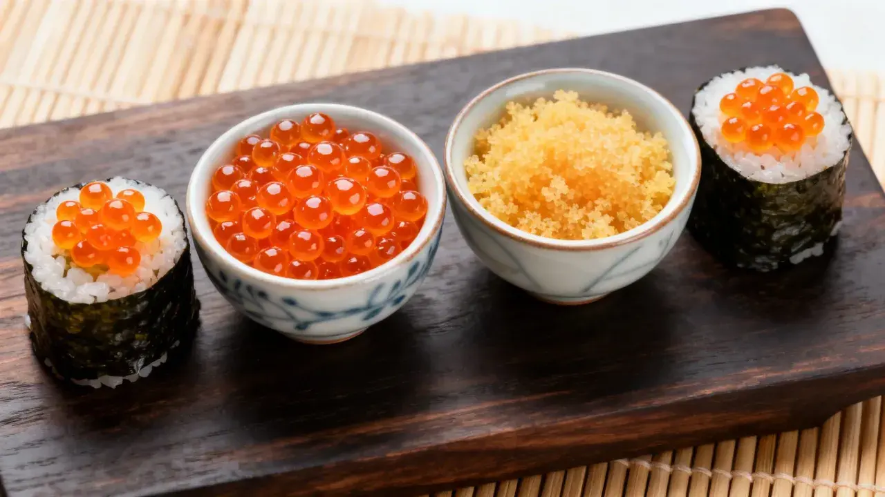 Dwa sushi z ikrą łososia i miseczki z ikrą tobiko i ikrą ryb latających.