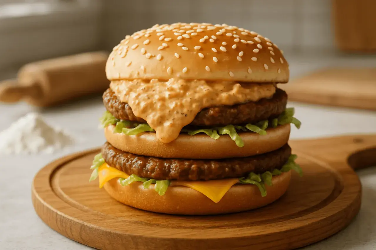Burger z dwoma kotletami, serem, sałatą i sosem na drewnianej desce.