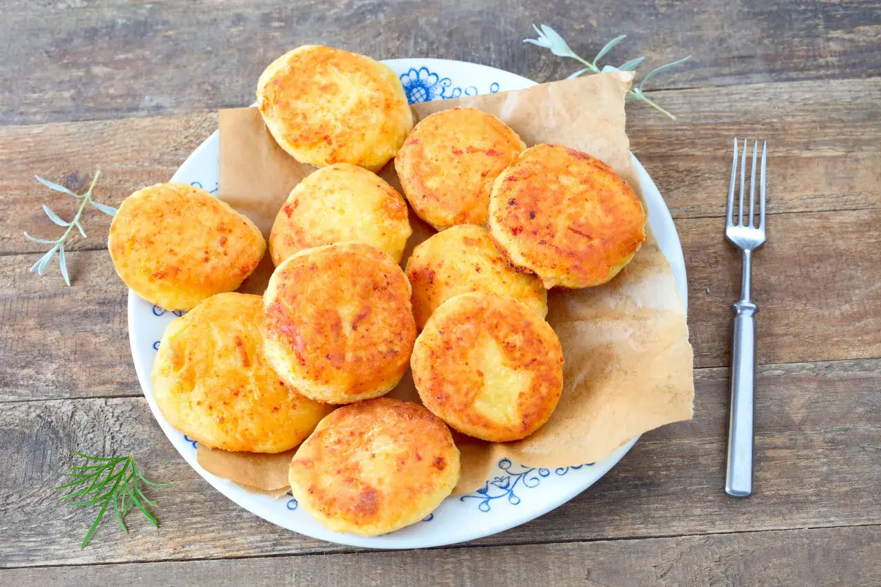 Talerz pełen złotych placków kukurydzianych (arepas) z widelcem obok.