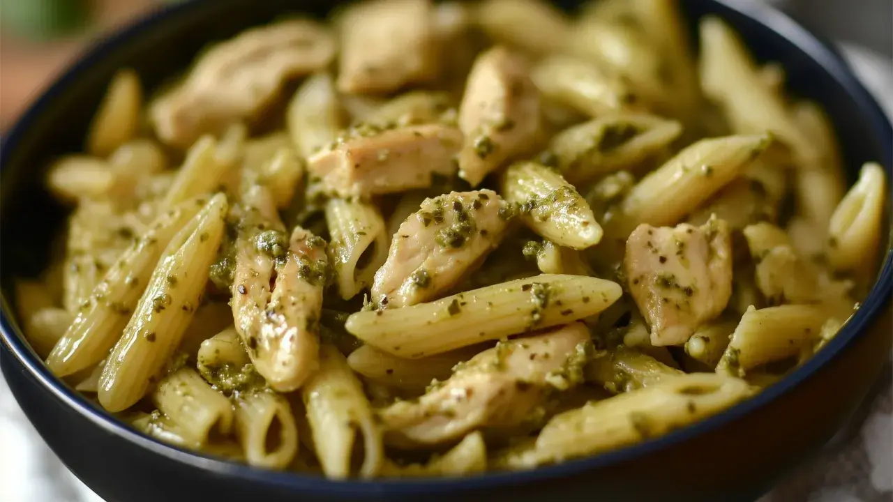 Makaron penne z kawałkami kurczaka w sosie pesto, podany w ciemnej misce.