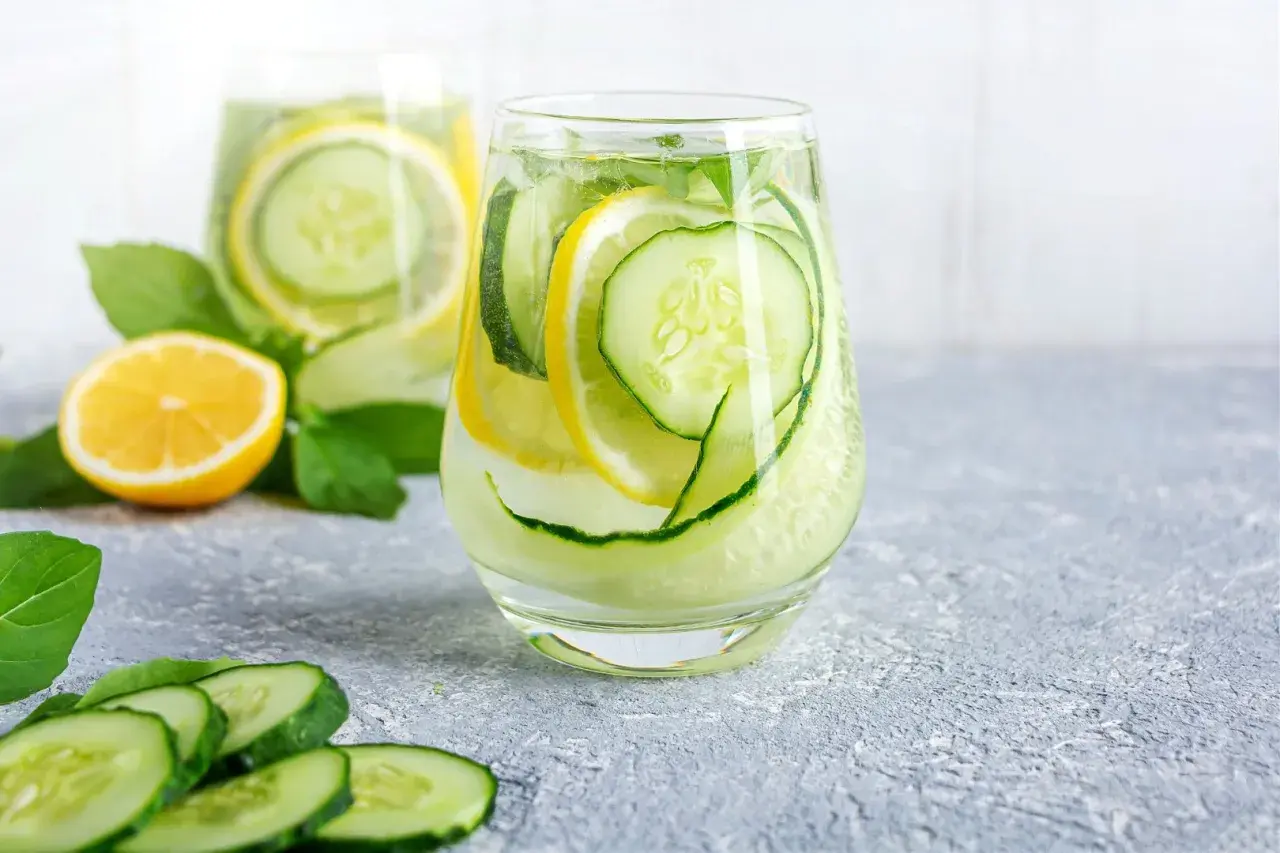 Orzeźwiająca, sassy water z cytryną i ogórkiem, ozdobiona listkami mięty. Idealna na upalne dni.
