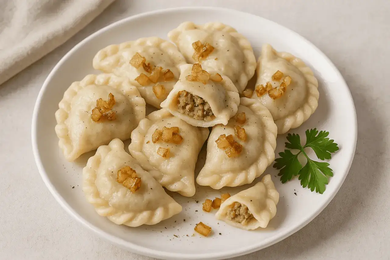 Talerz pełen pysznych pierogów, przypominających nieco azjatyckie dim sum, posypanych skwarkami i zieloną pietruszką.
