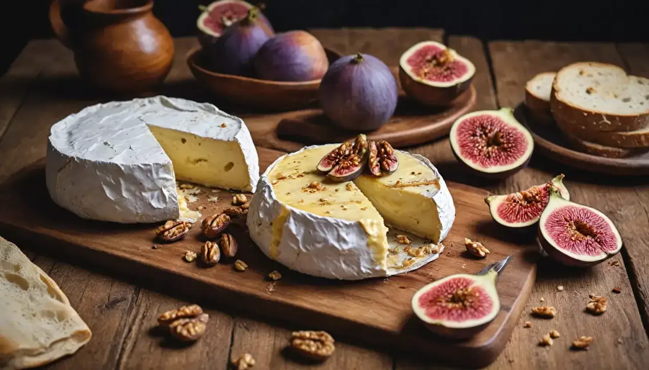 Pyszny, pieczony camembert z figami i orzechami na drewnianej desce. Idealna przekąska.